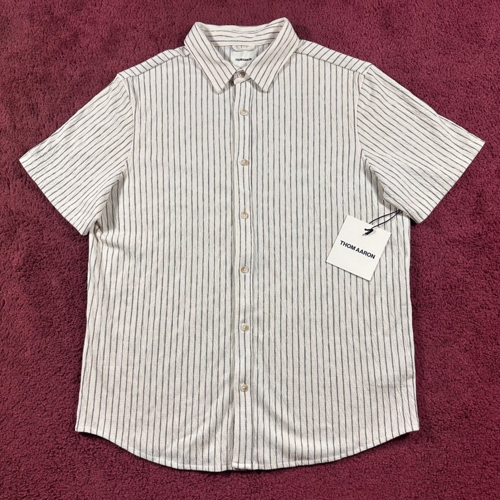 Thom Aaron Button Down Shirt Mens XL Cream Black Striped Short Sleeve NWT